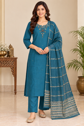 Beautiful Teal Roman Silk Embroidered Kurta Pant Set with Dupatta