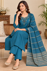 Beautiful Teal Roman Silk Embroidered Kurta Pant Set with Dupatta