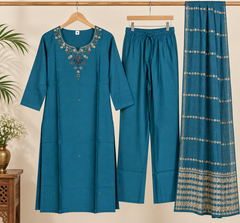 Beautiful Teal Roman Silk Embroidered Kurta Pant Set with Dupatta