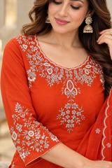 Beautiful Orange Chinon Embroidered Kurta Palazzo Set with Dupatta