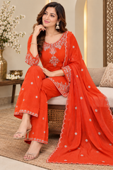 Beautiful Orange Chinon Embroidered Kurta Palazzo Set with Dupatta