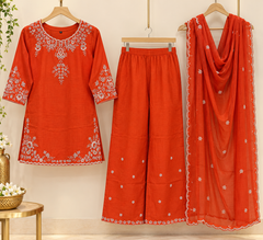 Beautiful Orange Chinon Embroidered Kurta Palazzo Set with Dupatta