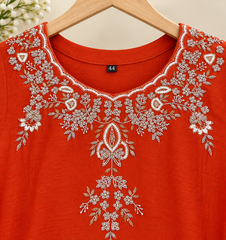 Beautiful Orange Chinon Embroidered Kurta Palazzo Set with Dupatta