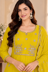 Graceful Yellow Mul Chanderi Embroidered Kurta Pant Set with Dupatta