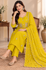 Graceful Yellow Mul Chanderi Embroidered Kurta Pant Set with Dupatta