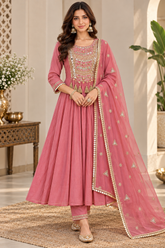 Elegant Rose Pink Mul Chanderi Anarkali Suit Set with Embroidered Dupatta