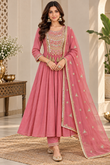 Elegant Rose Pink Mul Chanderi Anarkali Suit Set with Embroidered Dupatta