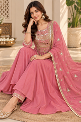 Elegant Rose Pink Mul Chanderi Anarkali Suit Set with Embroidered Dupatta