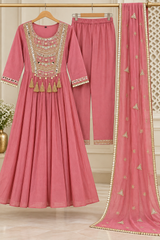 Elegant Rose Pink Mul Chanderi Anarkali Suit Set with Embroidered Dupatta