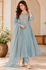 Graceful Powder Blue Mul Chanderi Embroidered Anarkali Suit Set with Dupatta