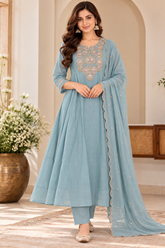 Graceful Powder Blue Mul Chanderi Embroidered Anarkali Suit Set with Dupatta