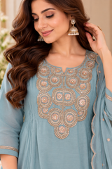 Graceful Powder Blue Mul Chanderi Embroidered Anarkali Suit Set with Dupatta