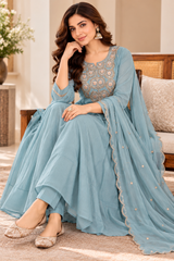 Graceful Powder Blue Mul Chanderi Embroidered Anarkali Suit Set with Dupatta