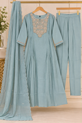 Graceful Powder Blue Mul Chanderi Embroidered Anarkali Suit Set with Dupatta