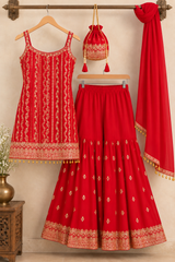 Royal Red Chinon Embroidered Kurta Sharara Set