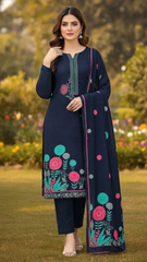 Navy Blue Pashmina Winter Suit – Contrast Embroidered Neckline with Printed Dupatta