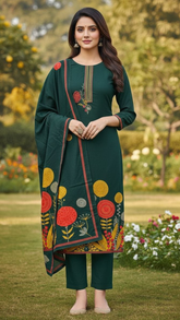 Bottle Green Pashmina Suit – Embroidered Neckline & Printed Dupatta for Winter