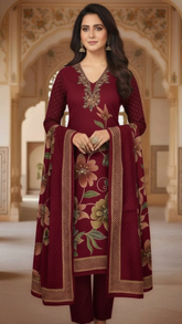 Maroon Pashmina Winter Unstitched Suit