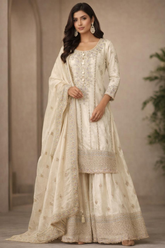 Elegant Ivory Shimmer Embroidered Kurta-Sharara Set with Dupatta