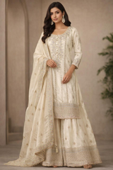 Elegant Ivory Shimmer Embroidered Kurta-Sharara Set with Dupatta