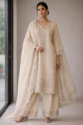 Graceful Ivory Shimmer Embroidered Kurta Set with Dupatta