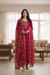 Vibrant Roman Silk Embroidered Unstitched Suit Set-Majenta