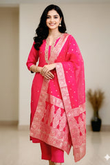 Royal Pink Roman Silk Embroidered Unstitched Suit