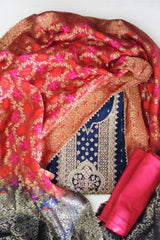 Elegant Chanderi Silk Embroidered Unstitched Suit with Banarasi Dupatta-Navy-Red