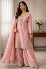 Elegant Blush Pink Shimmer Embroidered Kurta Set with Dupatta