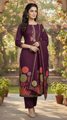Wine Colour Pashmina Suit – Embroidered Neckline with Printed Dupatta