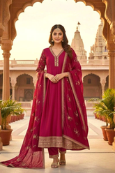 Beautiful Fuchsia Pink A-line Embroidered Kurta Set with Embroidered Dupatta