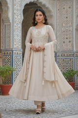 Ivory Vichitra Silk Anarkali Kurta Set with Elegant Embroidery & Dupatta