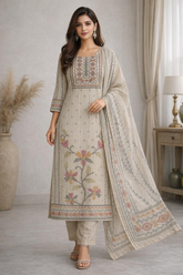 Elegant Khadi Cotton Kurta Set with Embroidered Yoke & Dupatta