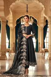 Elegant A-Line Black Silk Kurta Set with Cut Work Embroidered Dupatta
