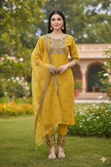 Mustard Yellow Embroidered Kurta Set with embroidered Dupatta