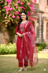 Cherry Red Embroidered Kurta Set with Organza Dupatta