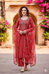 Elegant Coral Embroidered Suit Set with embroidered Organza Dupatta