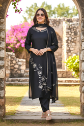 Black Rayon Slub Kurta Set with Floral Embroidery & Dupatta