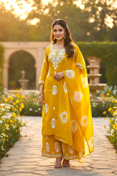 Mustard Yellow Embroidered Rayon Kurta Set with Dupatta