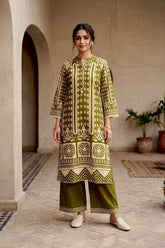 Elegant Olive Green Rayon Coord Set with Ethnic Geometric Print