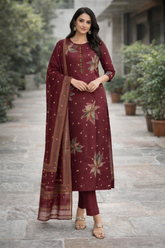 Graceful Maroon Cotton Kurta Set with Embroidered neck, Floral Print & Dupatta