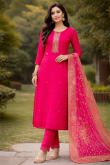 Festive Rani Pink Kurta Set with Banarasi Dupatta
