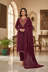 Fully Stitched Premium Woolen Kashmiri Embroidery Kurta Set with Shawl – Maroon