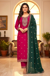 Rani Pink Vichitra Silk Embroidered Kurta Set with Contrast Green Silk Dupatta