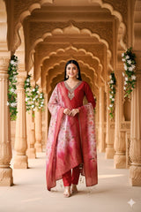 Maroon Blossom Embroidered Suit Set with Dupatta