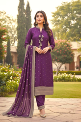 Purple Roman Silk Embroidered Kurta Set with Silk Dupatta