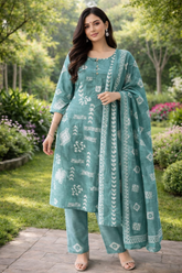 Elegant Sage Green Cotton Printed Daily Wear Kurta Set with Dupatta
