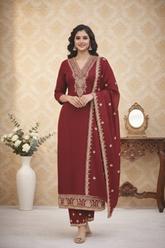 Unstitched Rose Red Embroidered Velvet Suit Set