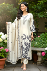 Ivory Kurta Set with Black Print & Dupatta