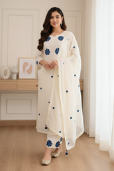 Rayon Slub Kurta Set with Blue Floral Embroidery & Dupatta